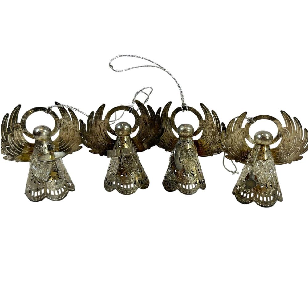 Lot of 4 Vintage Silver Tone Angels Christmas Ornaments Horn Cymbals Candle Book